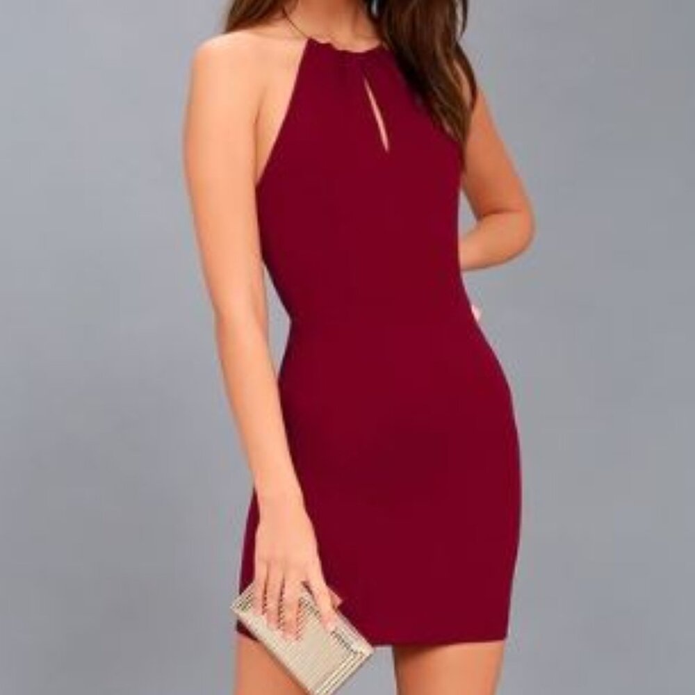 NEW! Lulu's Ring My Bell Wine Red Halter Bodycon Dress in Wine Red
